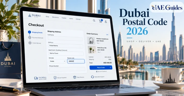 Dubai postal code 00000 on an online form
