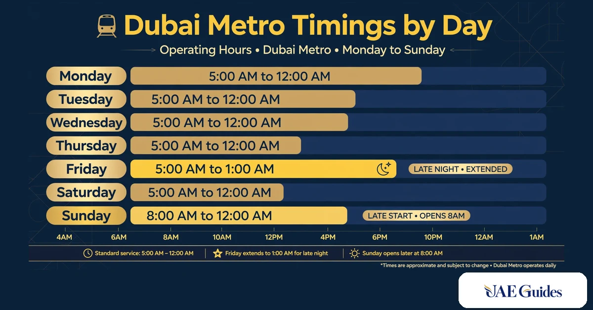 Dubai Metro weekly timings timeline.