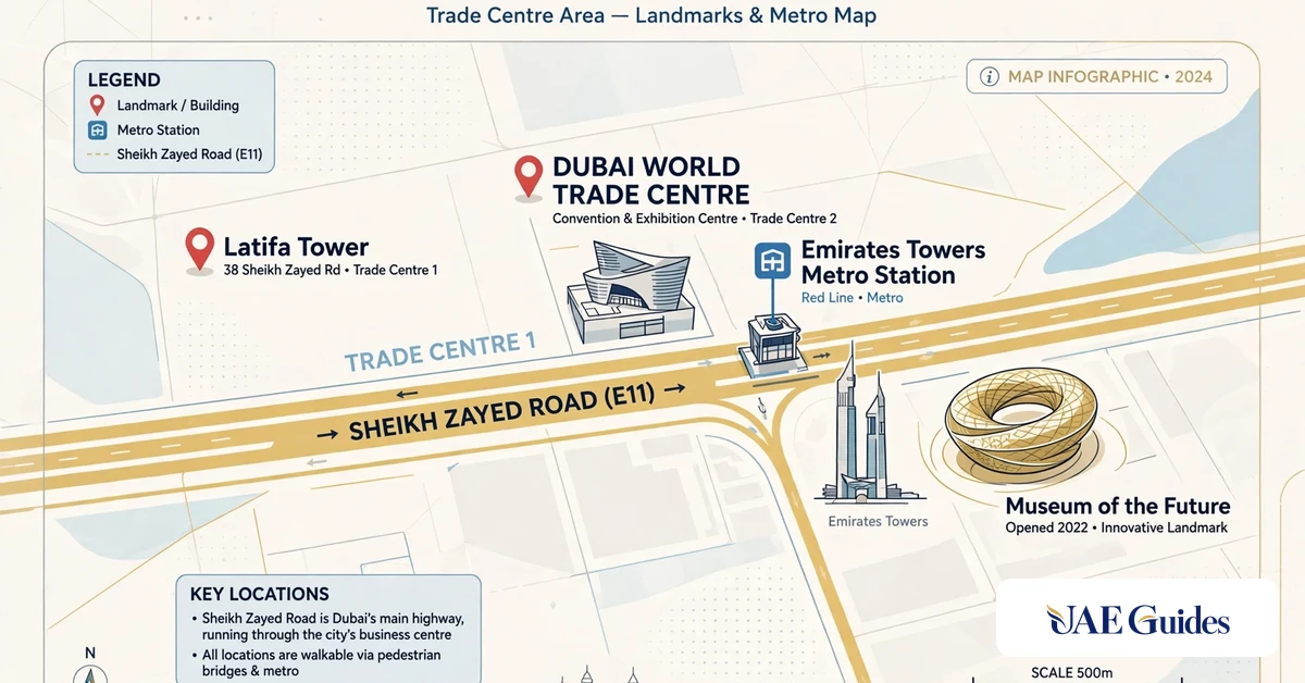 Latifa Tower Sheikh Zayed Road Dubai location map.