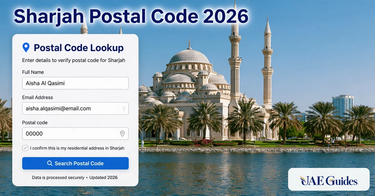 Sharjah postal code 00000 on an online form.